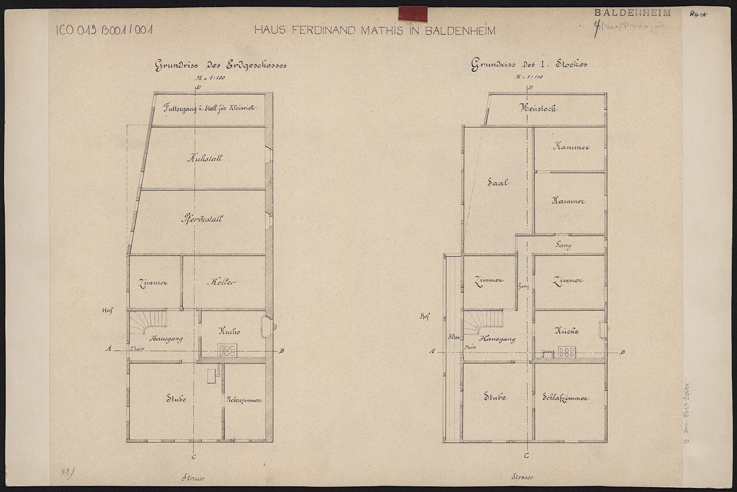 Plans du rez-de-chaussée et du premier étage du corps de logis et des étables.